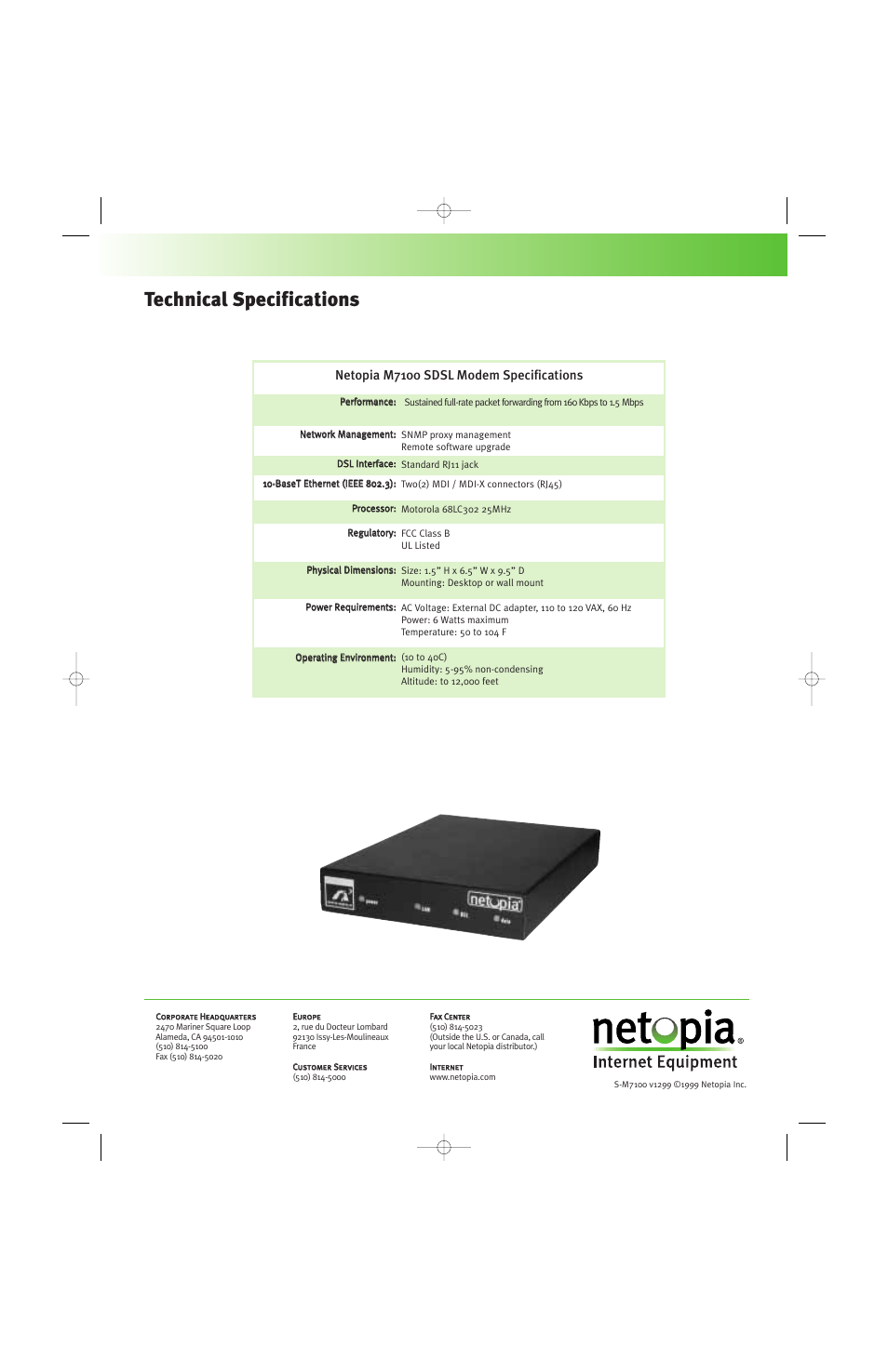 Technical specifications, Netopia m7100 sdsl modem specifications | Netopia M7100 User Manual | Page 2 / 2