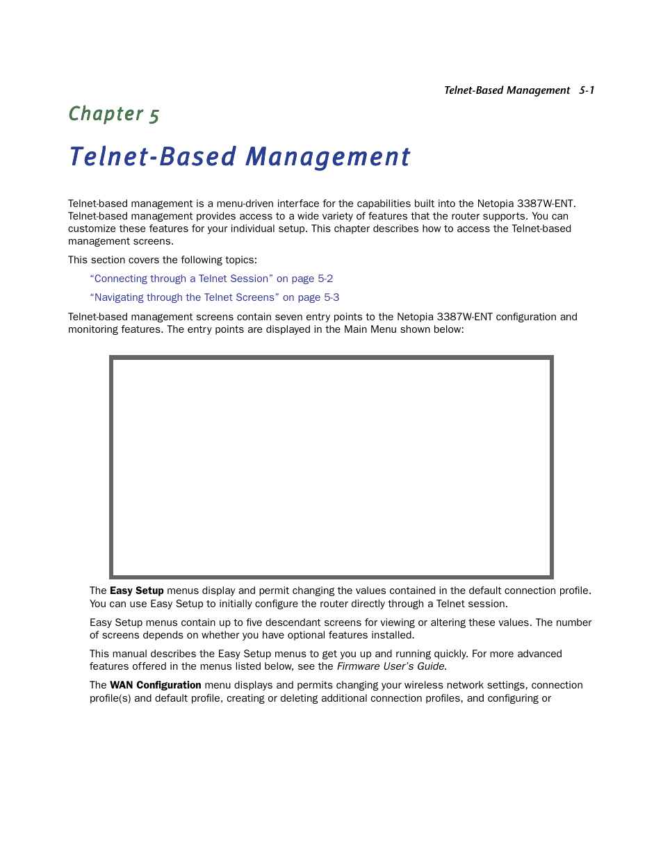 Telnet-based management, Chapter 5 — telnet-based management -1, Ements using console-based management (see | Telnet-based | Netopia 3387W-ENT User Manual | Page 21 / 44