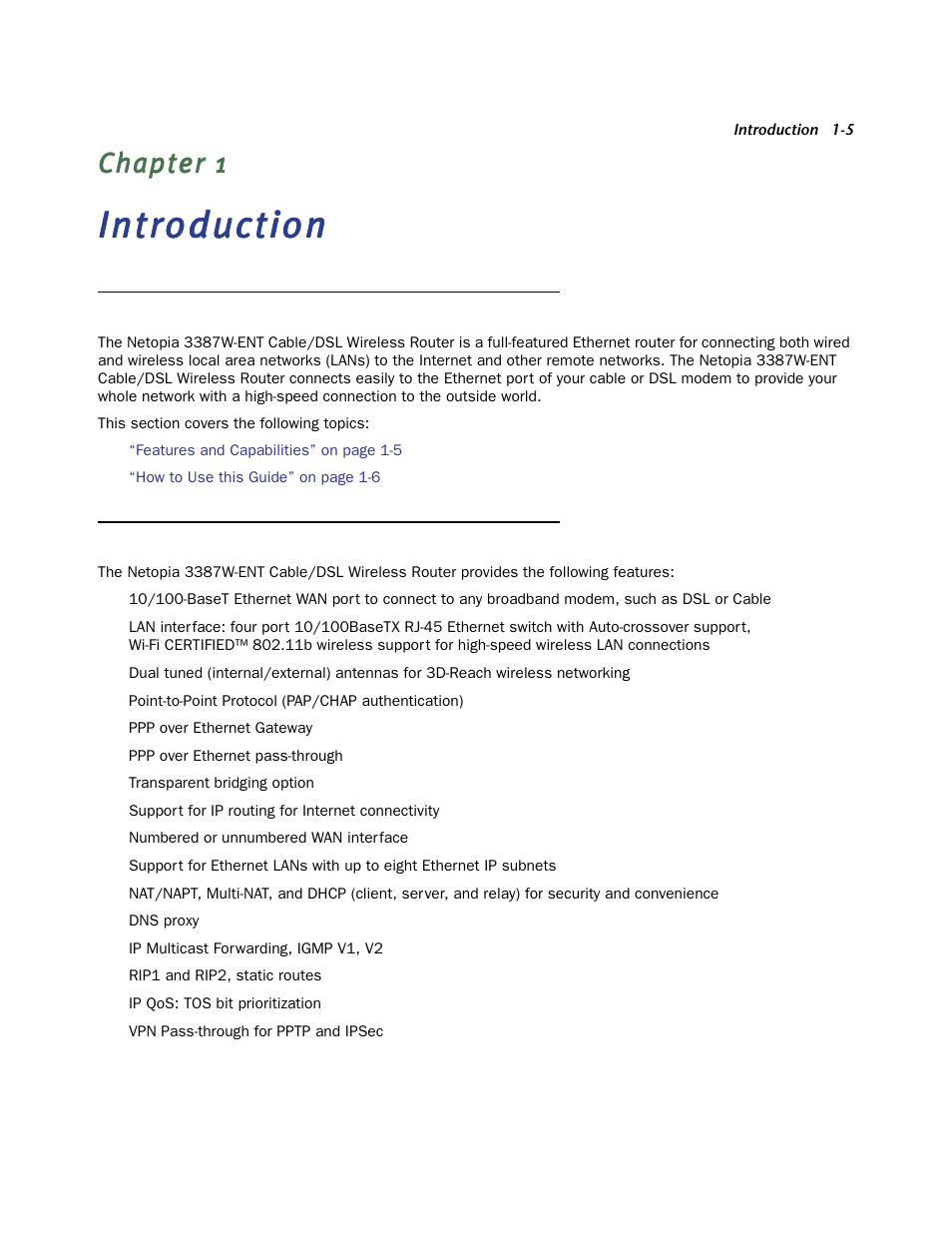 Introduction, Overview, Features and capabilities | Chapter 1 — introduction -5, Over view -5, Features and capabilities -5 | Netopia 3387W-ENT User Manual | Page 5 / 44