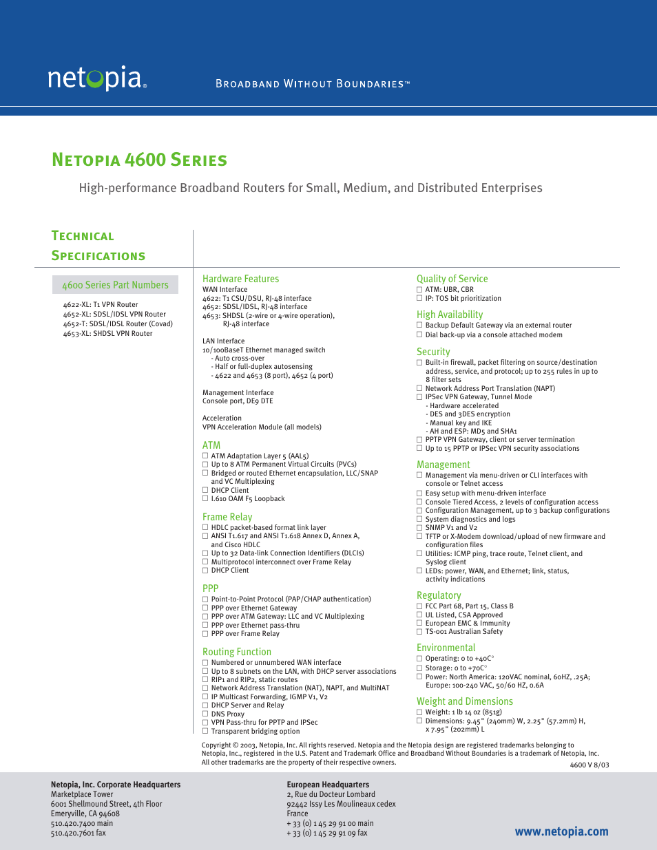 Netopia 4600 series, Technical specifications, Hardware features | Frame relay, Routing function, Quality of service, High availability, Security, Management, Regulatory | Netopia 4600 User Manual | Page 2 / 2