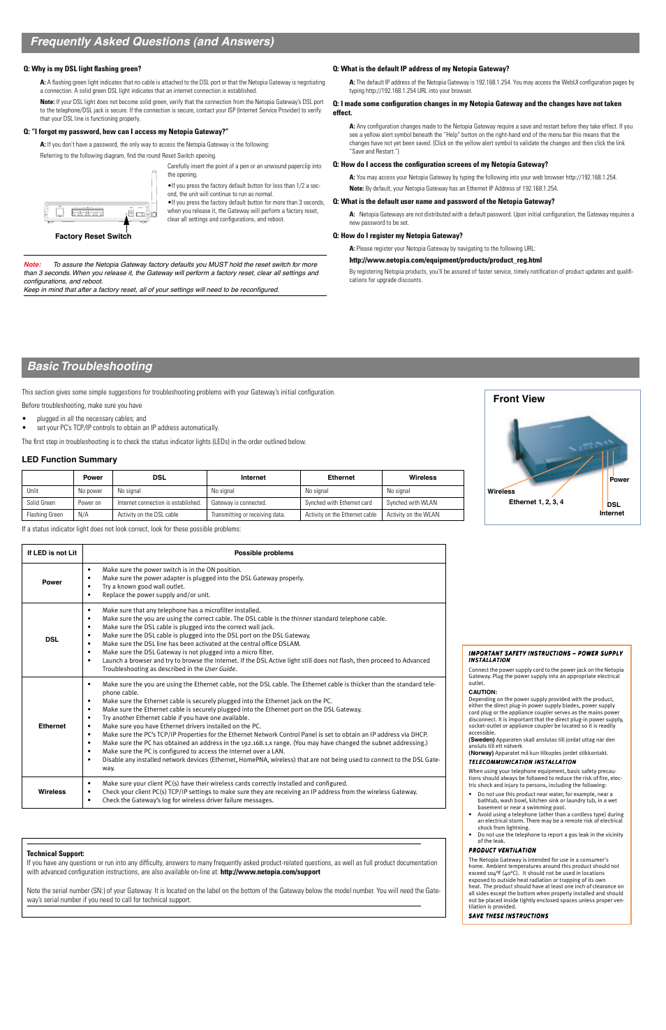 Power off / on lan 4 1 2 3 dsl, Front view | Netopia 3347-02 User Manual | Page 2 / 2