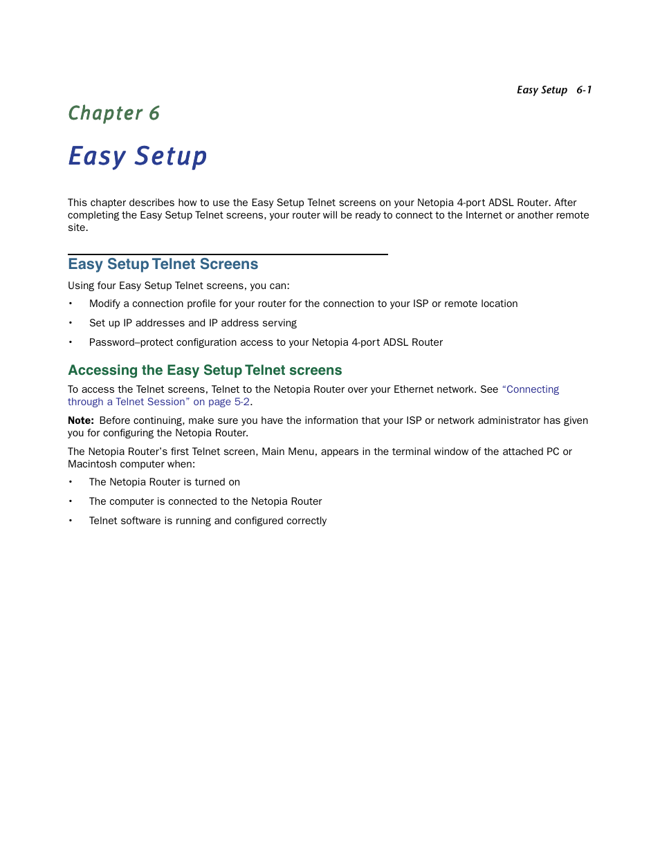 Easy setup, Easy setup telnet screens, Accessing the easy setup telnet screens | Chapter 6 — easy setup -1, Easy setup telnet screens -1, Accessing the easy setup telnet screens -1 | Netopia 3356-ENT User Manual | Page 23 / 36