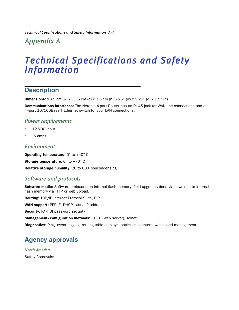Technical specifications and safety information, Description, Power requirements | Environment, Software and protocols, Agency approvals | Netopia 3356-ENT User Manual | Page 31 / 36