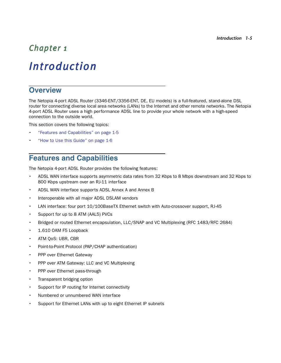 Introduction, Overview, Features and capabilities | Chapter 1 — introduction -5, Over view -5, Features and capabilities -5 | Netopia 3356-ENT User Manual | Page 5 / 36