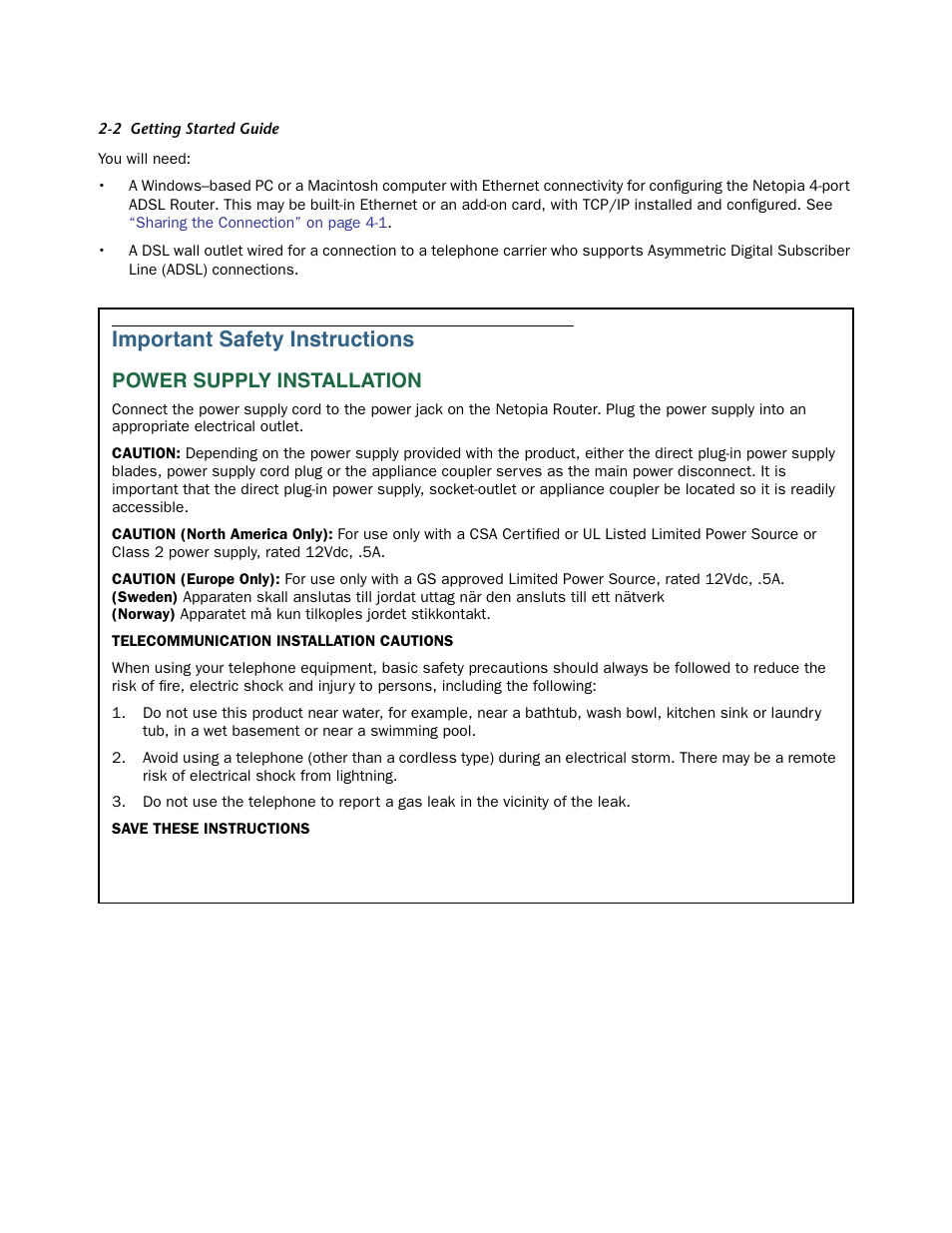 Important safety instructions, Power supply installation, Impor tant safety instructions -2 | Power supply installation -2 | Netopia 3356-ENT User Manual | Page 8 / 36