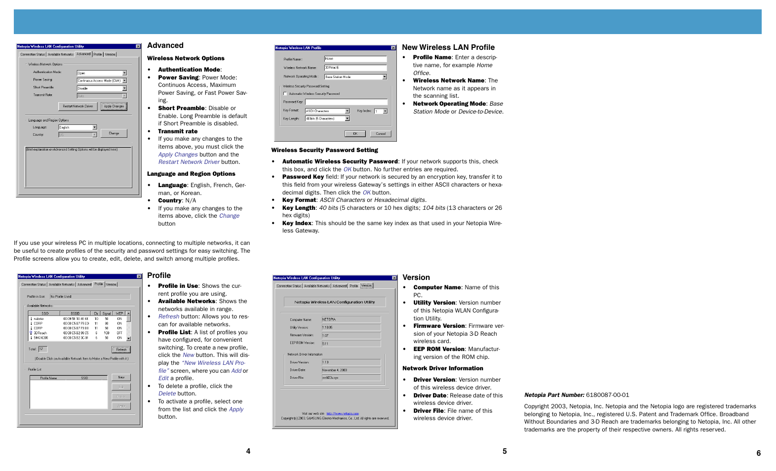Advanced, Proﬁle, New wireless lan proﬁle | Version | Netopia Network Card User Manual | Page 2 / 2