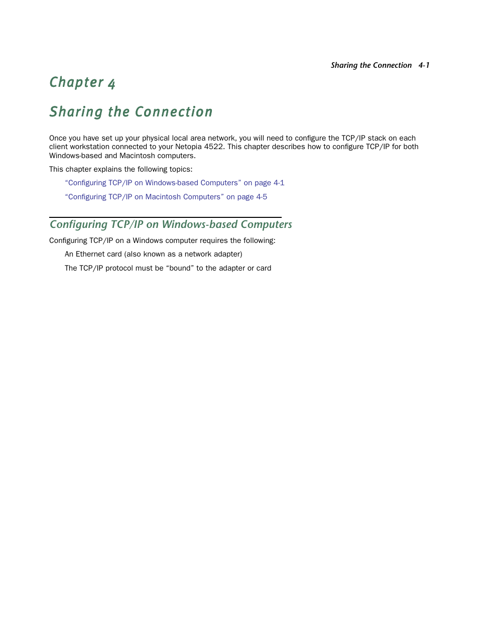 Sharing the connection, Configuring tcp/ip on windows-based computers, Chapter 4 — sharing the connection -1 | Configuring tcp/ip on windows-based computers -1, Configuring tcp/ip on, Macintosh computers use either mactcp or open t | Netopia 4522 T1 User Manual | Page 15 / 43
