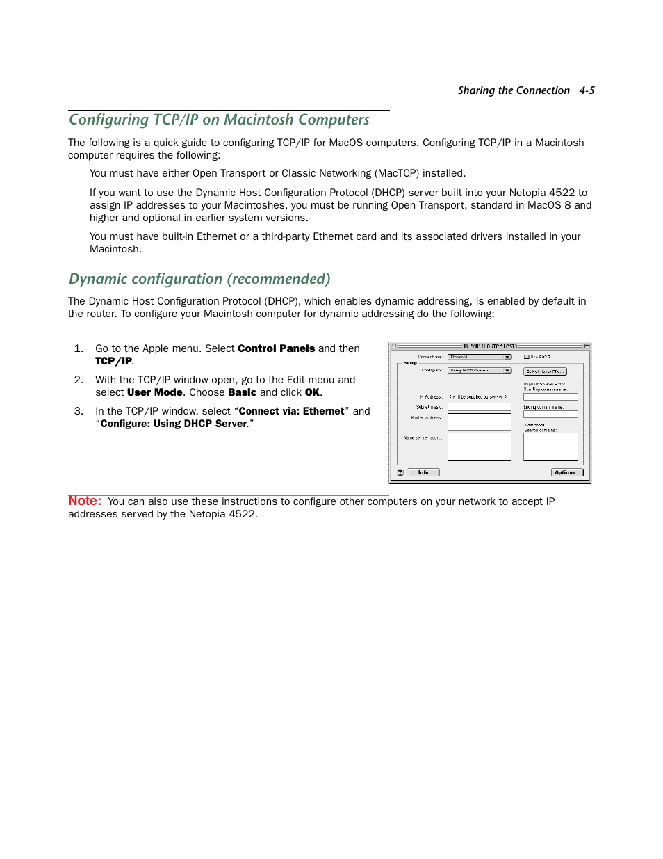 Configuring tcp/ip on macintosh computers, Dynamic configuration (recommended), Configuring tcp/ip on macintosh computers -5 | Dynamic configuration (recommended) -5 | Netopia 4522 T1 User Manual | Page 19 / 43