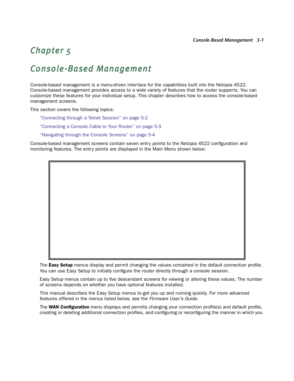 Console-based management, Chapter 5 — console-based management -1, Ements using console-based management (see | Console-based management” on | Netopia 4522 T1 User Manual | Page 23 / 43