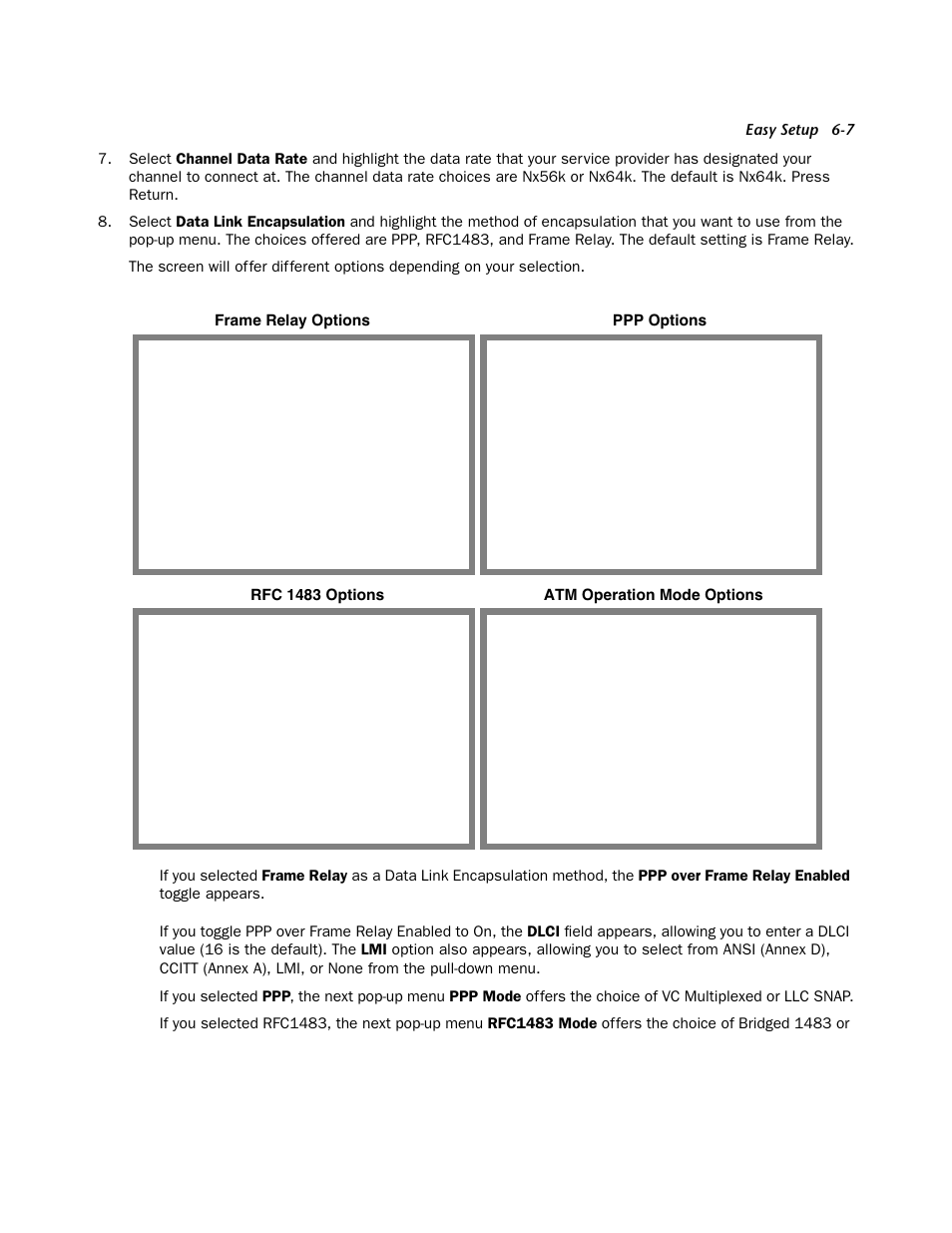 Ppp options frame relay options, Rfc 1483 options, Atm operation mode options | Netopia 4522 T1 User Manual | Page 33 / 43