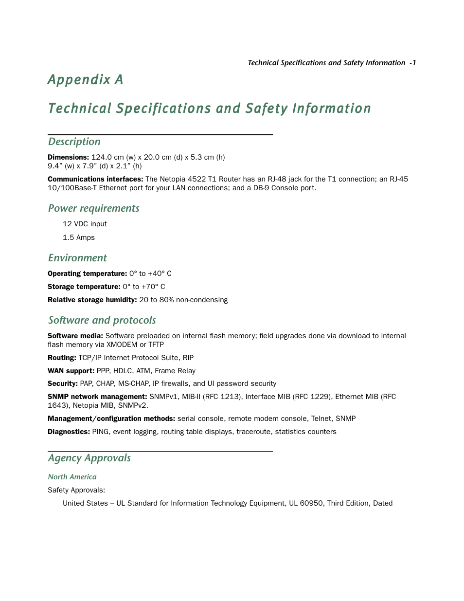 Technical specifications and safety information, Description, Power requirements | Environment, Software and protocols, Agency approvals | Netopia 4522 T1 User Manual | Page 39 / 43