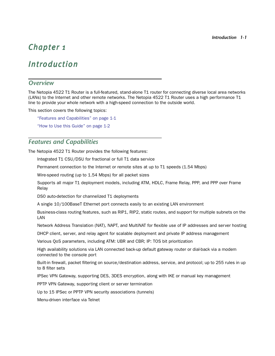 Introduction, Overview, Features and capabilities | Chapter 1 — introduction -1, Over view -1, Features and capabilities -1 | Netopia 4522 T1 User Manual | Page 5 / 43