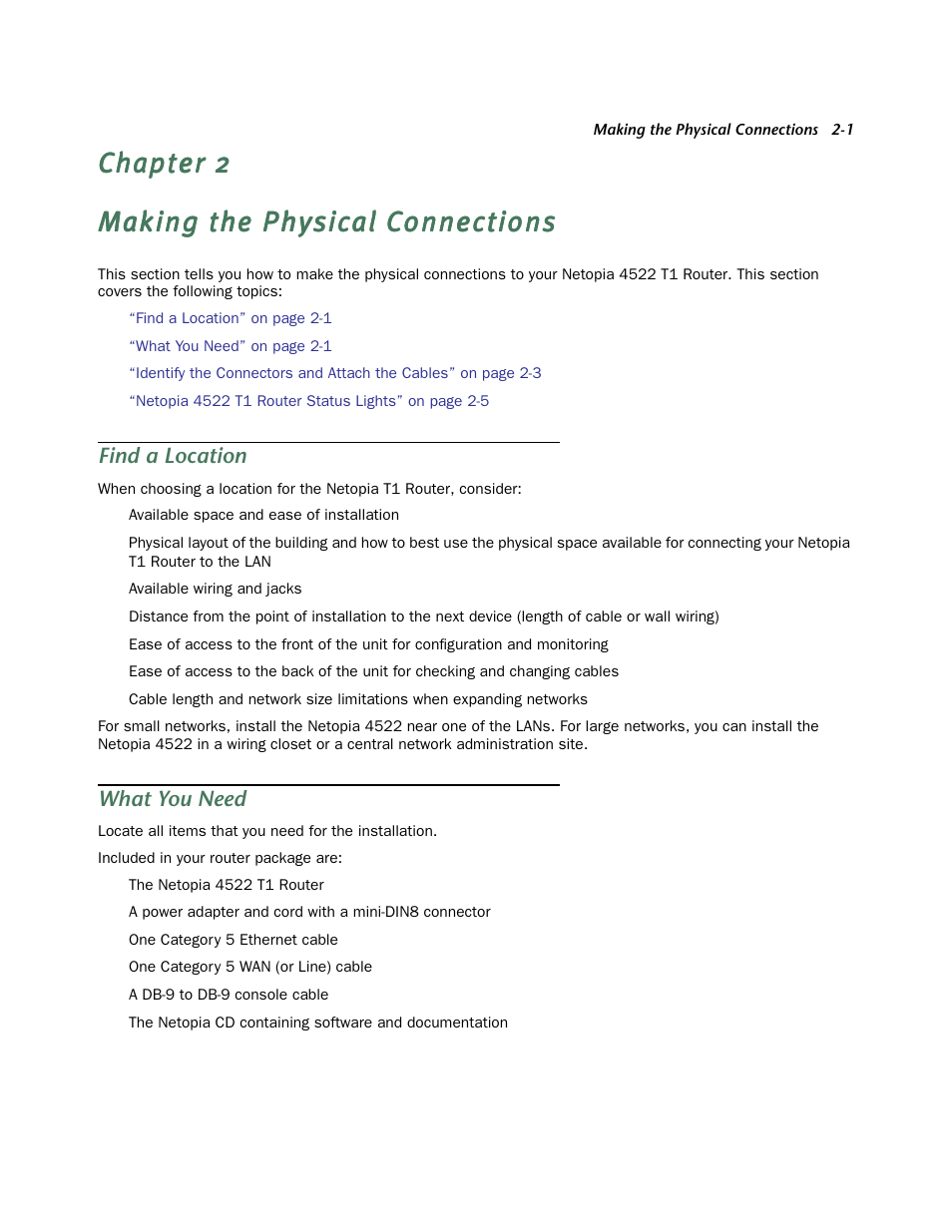 Making the physical connections, Find a location, What you need | Chapter 2 — making the physical connections -1, Find a location -1, What you need -1 | Netopia 4522 T1 User Manual | Page 7 / 43