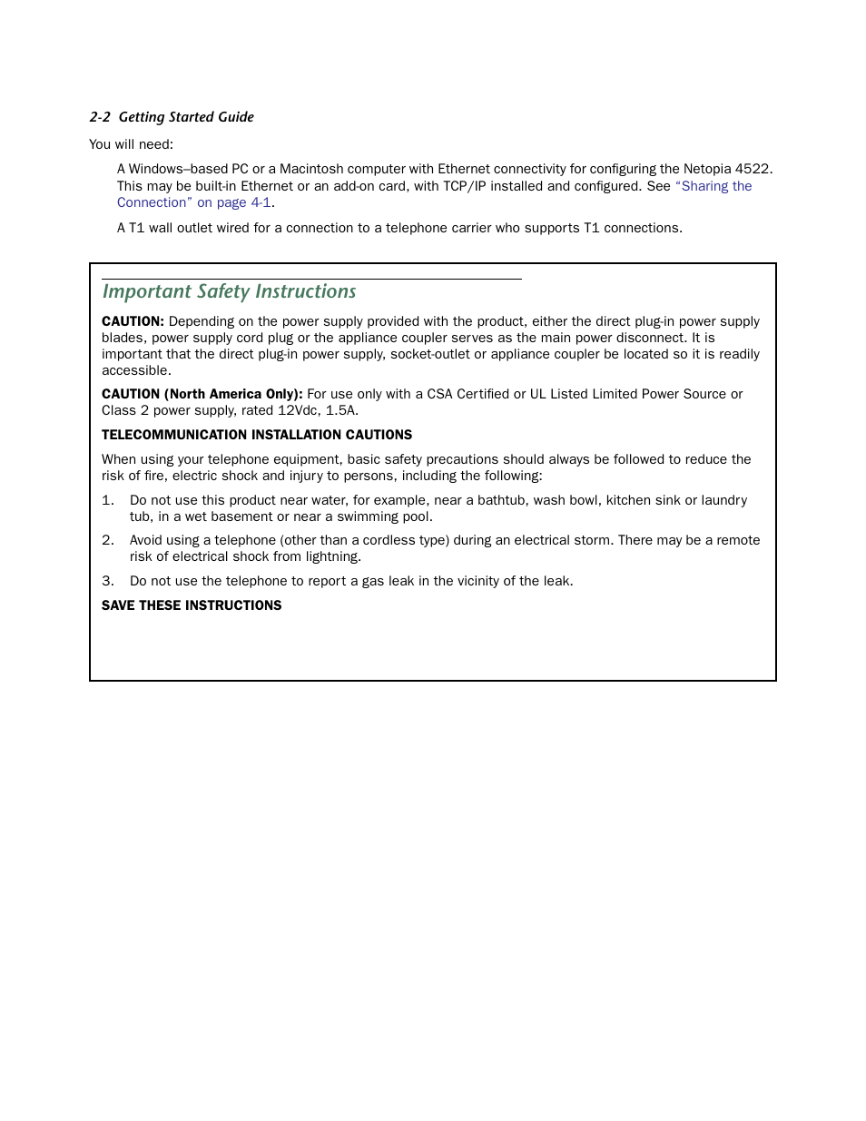 Important safety instructions, Impor tant safety instructions -2 | Netopia 4522 T1 User Manual | Page 8 / 43