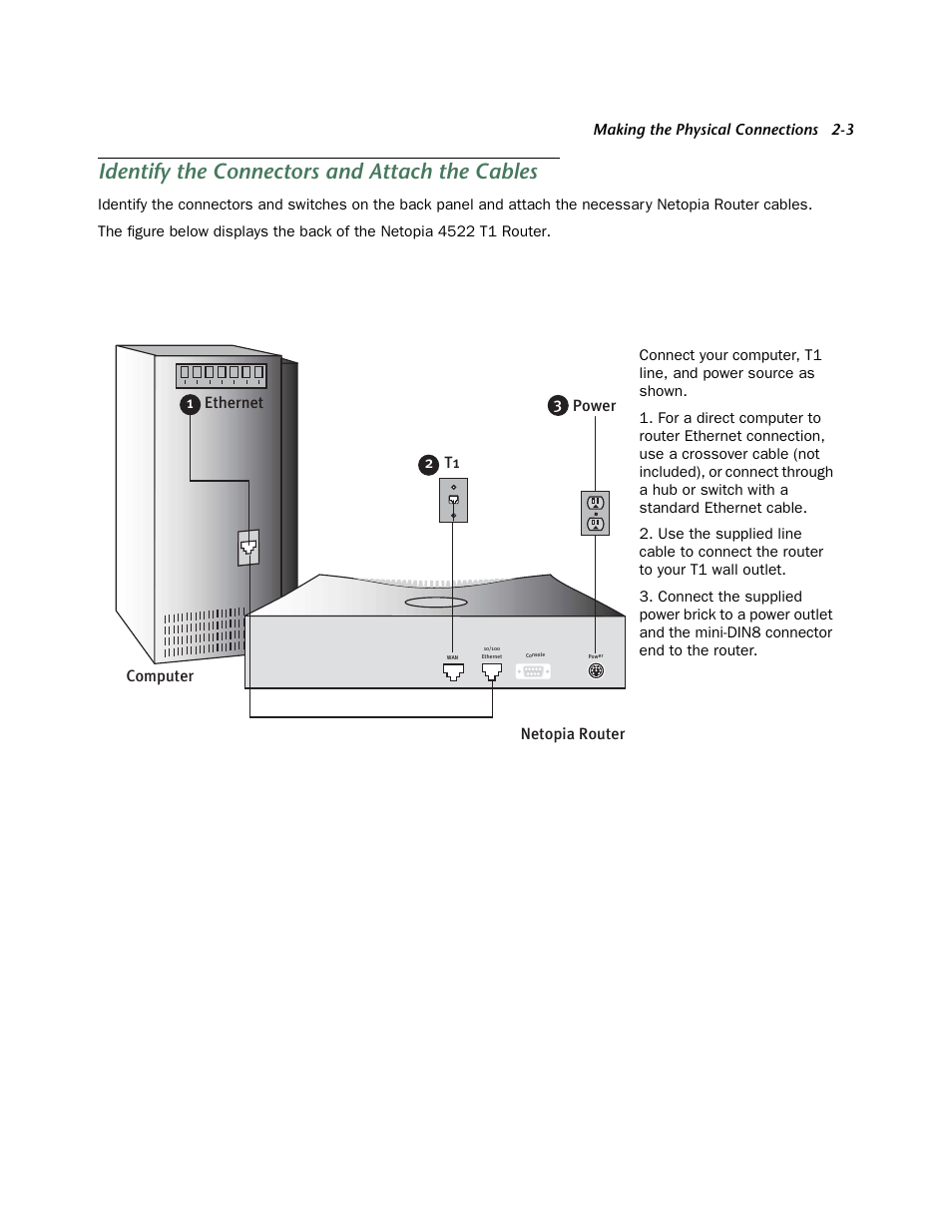 Identify the connectors and attach the cables, Identify the connectors and attach the cables -3 | Netopia 4522 T1 User Manual | Page 9 / 43