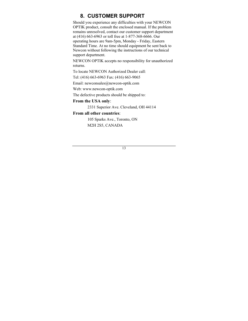 Customer support | Newcon Optik 150 User Manual | Page 17 / 20