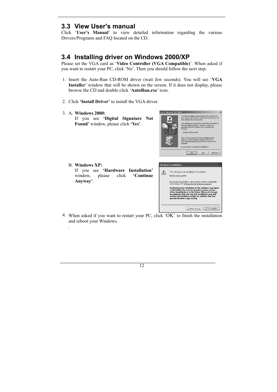 View user's manual, Installing driver on windows 2000/xp, 3 view user's manual | Nvidia Video Card GeForce MX Series User Manual | Page 11 / 23