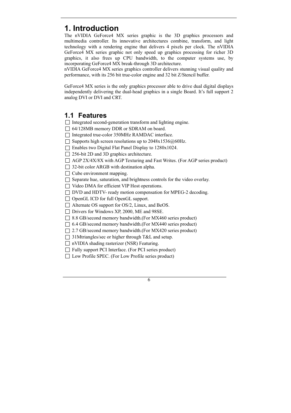 Introduction, Features, 1 features | Nvidia Video Card GeForce MX Series User Manual | Page 5 / 23