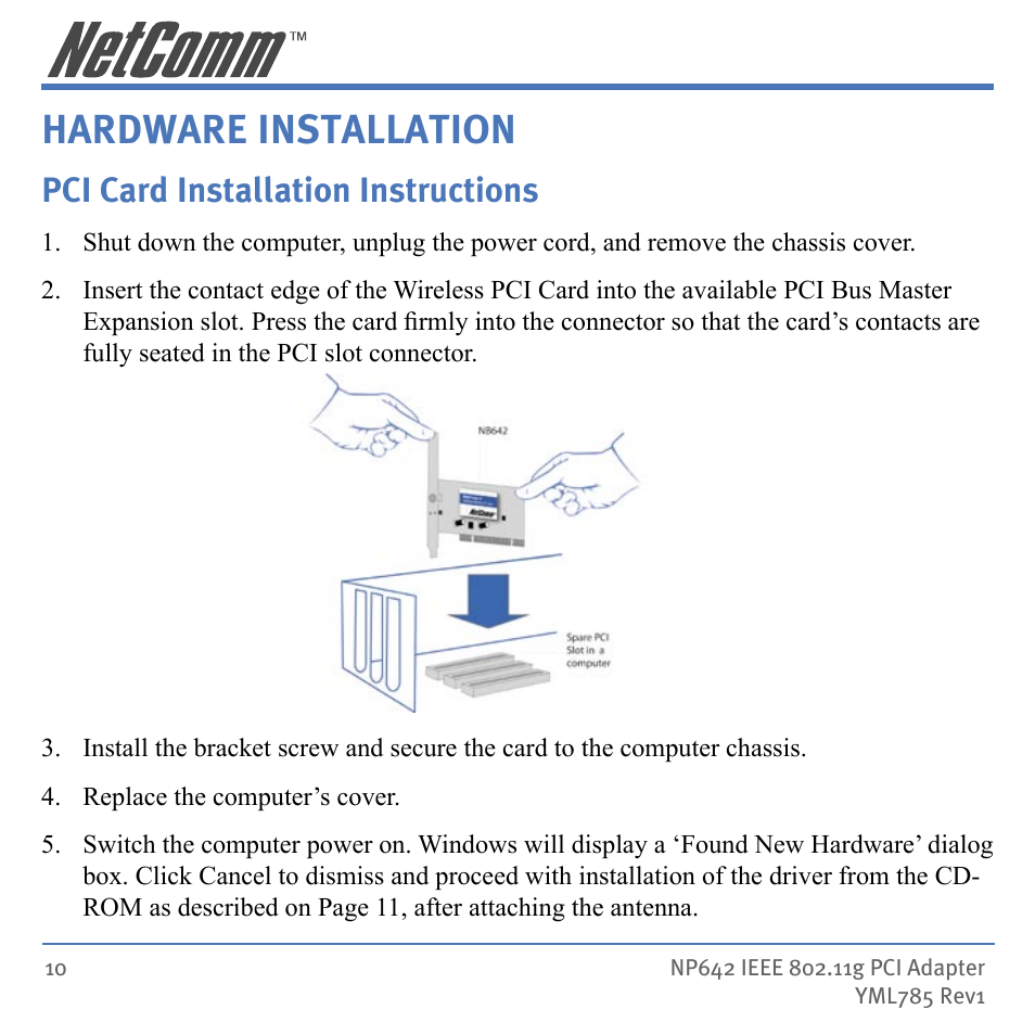 Hardware installation, Pci card installation instructions | NetComm NP642 User Manual | Page 10 / 36