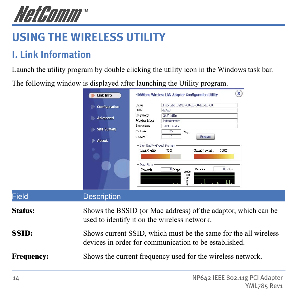 Using the wireless utility, I. link information | NetComm NP642 User Manual | Page 14 / 36