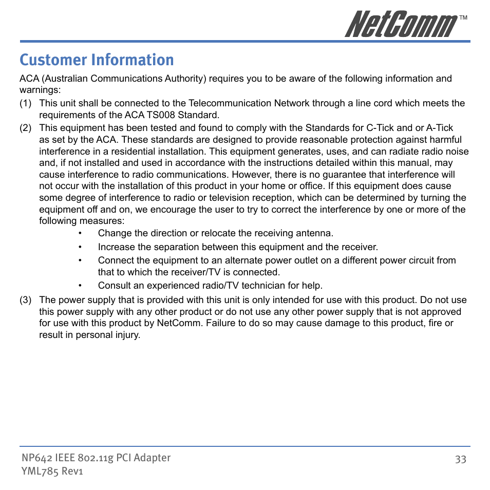 Customer information | NetComm NP642 User Manual | Page 33 / 36