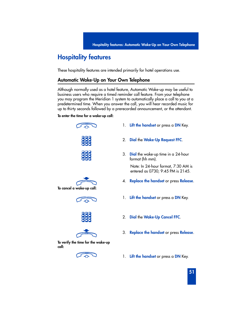 Hospitality features, Automatic wake-up on your own telephone | Nortel Networks Meridian M2008 User Manual | Page 57 / 74