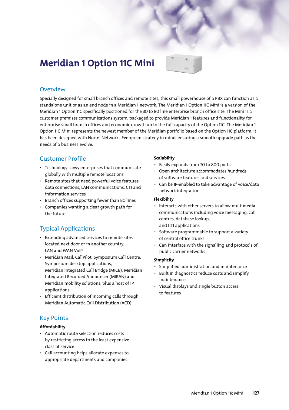 Meridian 1 option 11c mini, Customer profile, Typical applications | Key points, Overview | Nortel Networks 7400 User Manual | Page 136 / 252
