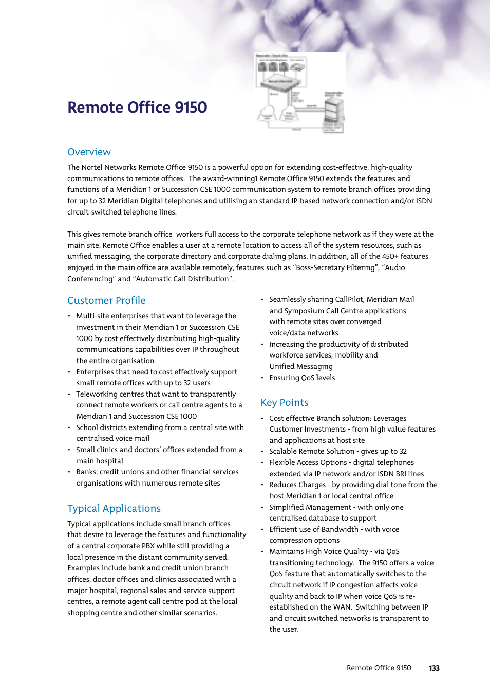 Remote office 9150, Overview, Customer profile | Typical applications, Key points | Nortel Networks 7400 User Manual | Page 142 / 252