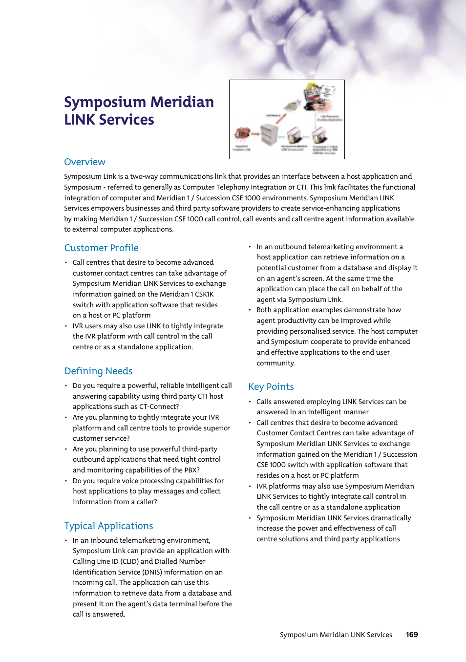 Symposium meridian link services, Customer profile, Defining needs | Typical applications, Key points, Overview | Nortel Networks 7400 User Manual | Page 178 / 252