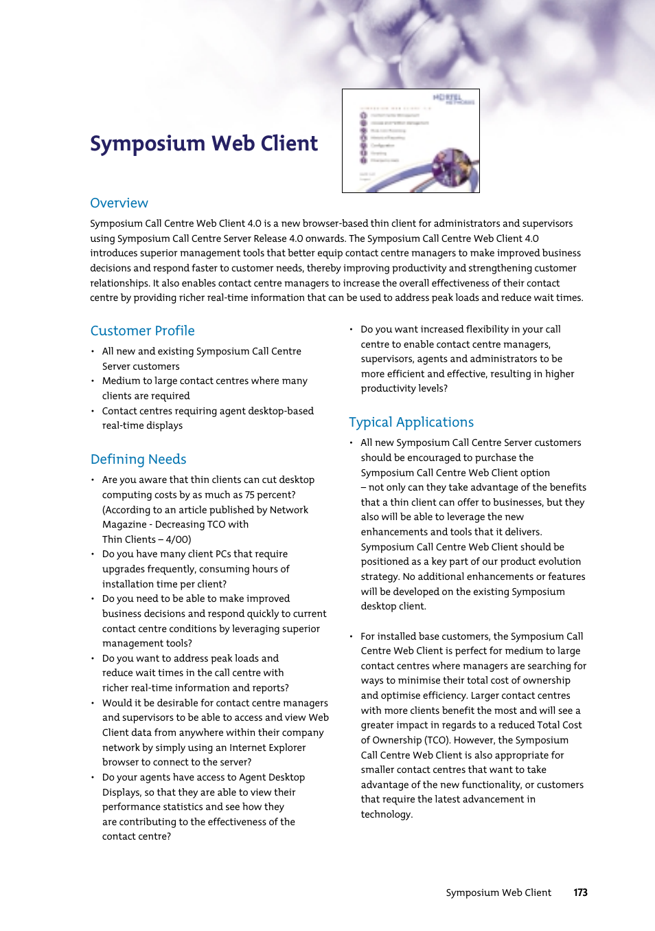 Symposium web client, Customer profile, Defining needs | Typical applications, Overview | Nortel Networks 7400 User Manual | Page 182 / 252