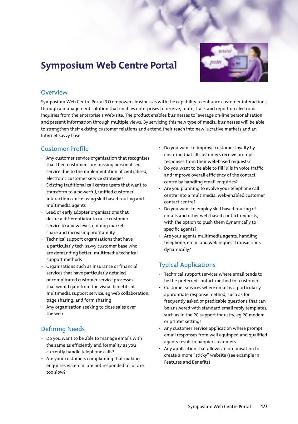 Symposium web centre portal, Overview, Customer profile | Defining needs, Typical applications | Nortel Networks 7400 User Manual | Page 186 / 252