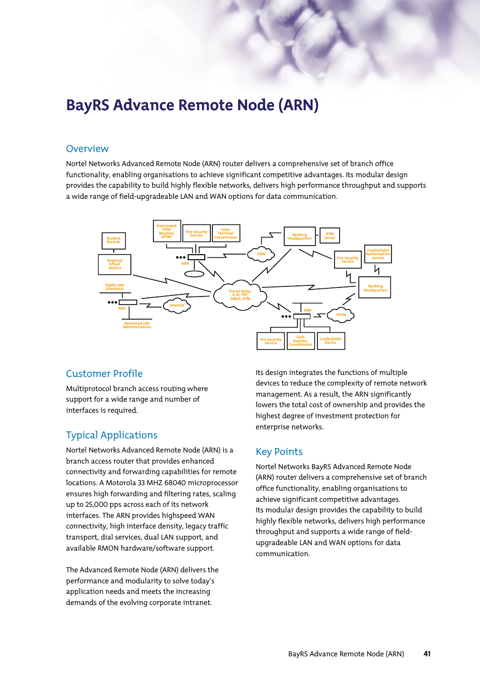 Bayrs advance remote node (arn), Overview, Customer profile | Typical applications, Key points | Nortel Networks 7400 User Manual | Page 50 / 252