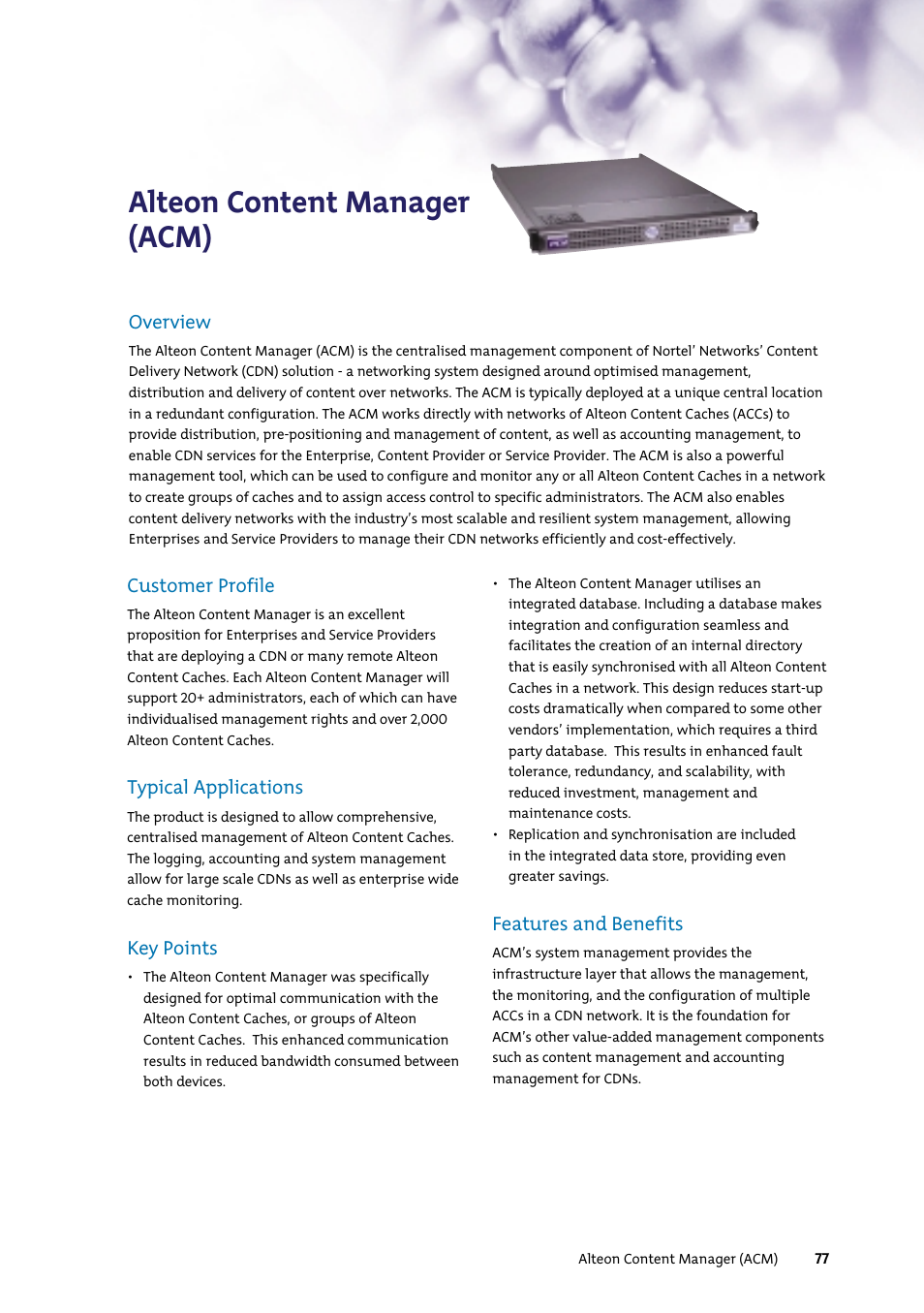 Alteon content manager (acm), Overview, Customer profile | Typical applications, Key points, Features and benefits | Nortel Networks 7400 User Manual | Page 86 / 252