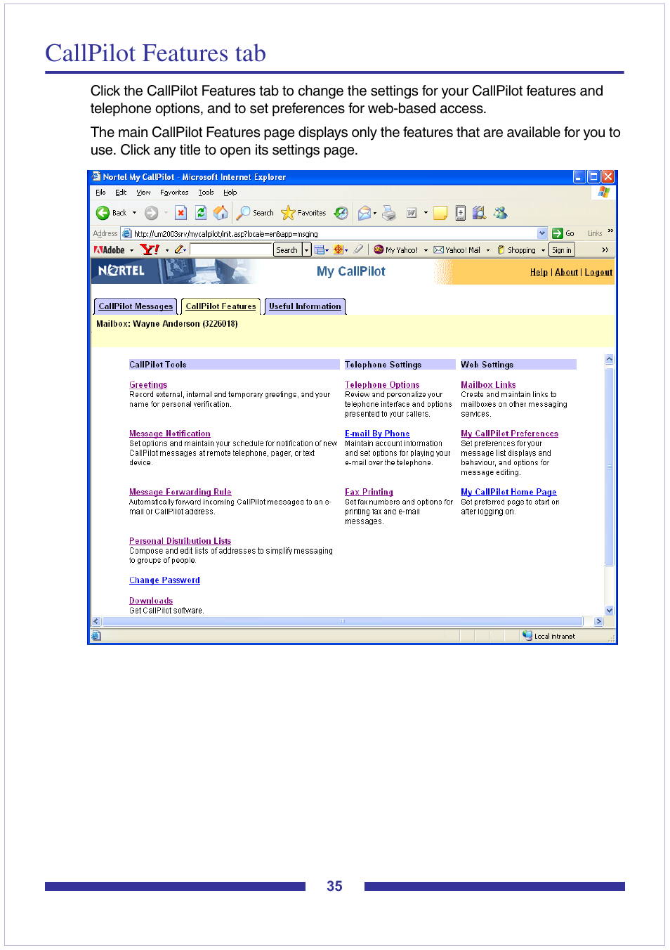 Callpilot features tab | Nortel Networks CallPilot Desktop Messaging User Manual | Page 35 / 72