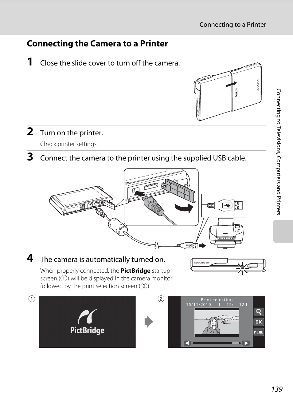 Connecting the camera to a printer, A 139) | Nortel Networks COOLPIX S80 User Manual | Page 151 / 204