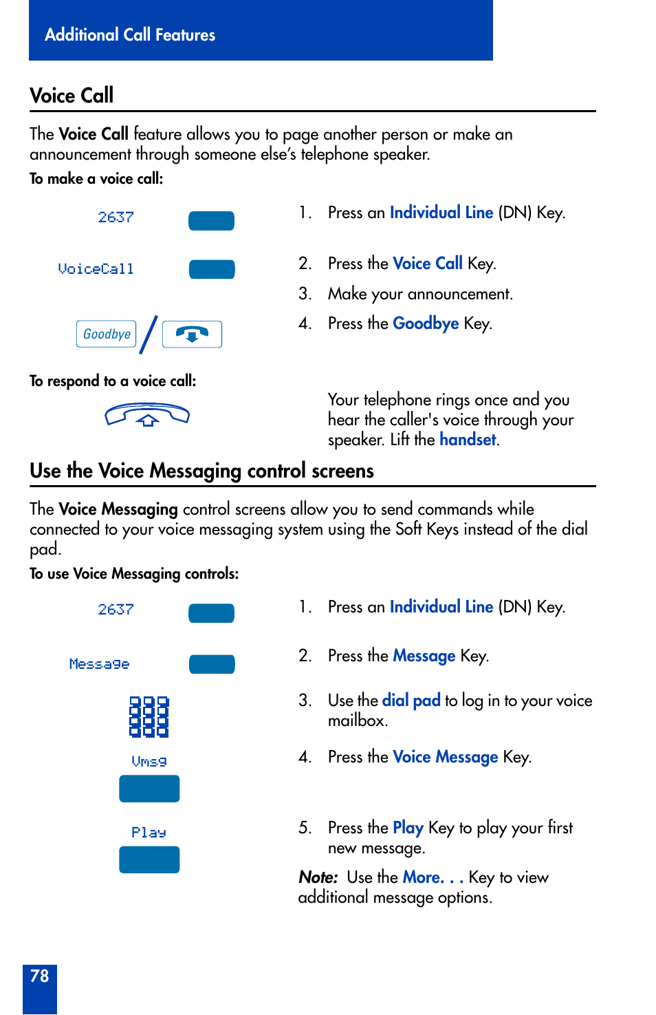 Voice call, Use the voice messaging control screens | Nortel Networks Meridian M3905 User Manual | Page 78 / 110