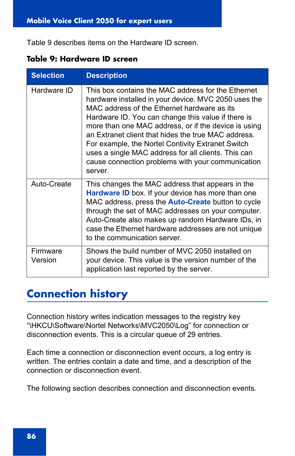 Connection history | Nortel Networks N0035509 User Manual | Page 86 / 90
