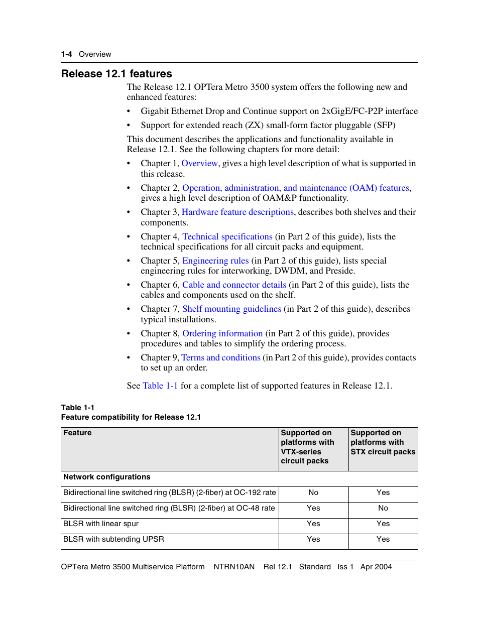 Release 12.1 features, Release 12.1 features 1-4 | Nortel Networks OPTera Metro 3500 User Manual | Page 16 / 342