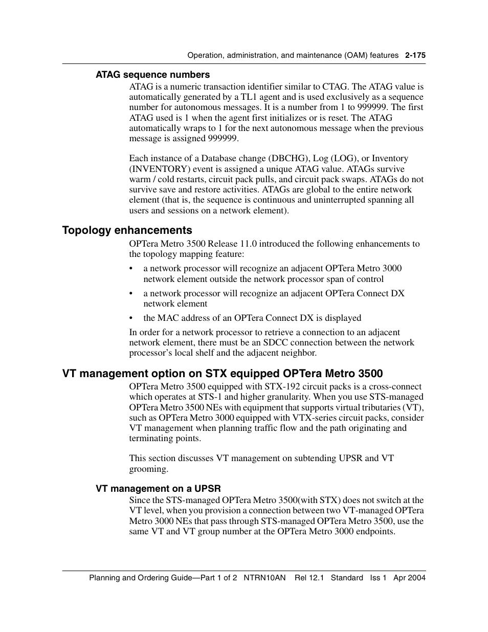 Atag sequence numbers, Topology enhancements, Vt management on a upsr | Atag sequence numbers 2-175, Vt management on a upsr 2-175 | Nortel Networks OPTera Metro 3500 User Manual | Page 213 / 342