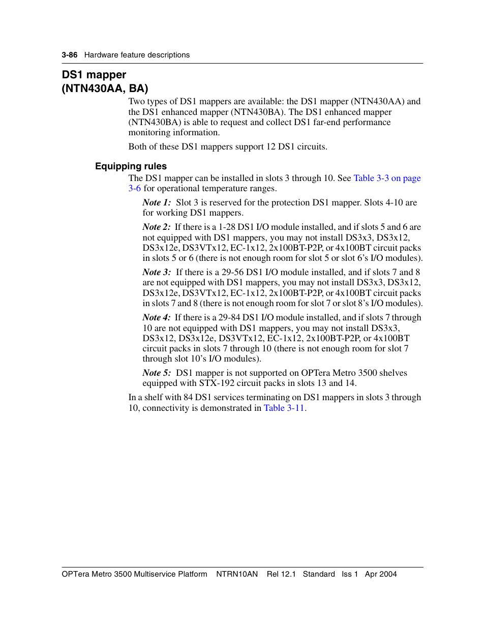 Ds1 mapper, Equipping rules, Ds1 mapper 3-86 | Equipping rules 3-86 | Nortel Networks OPTera Metro 3500 User Manual | Page 314 / 342