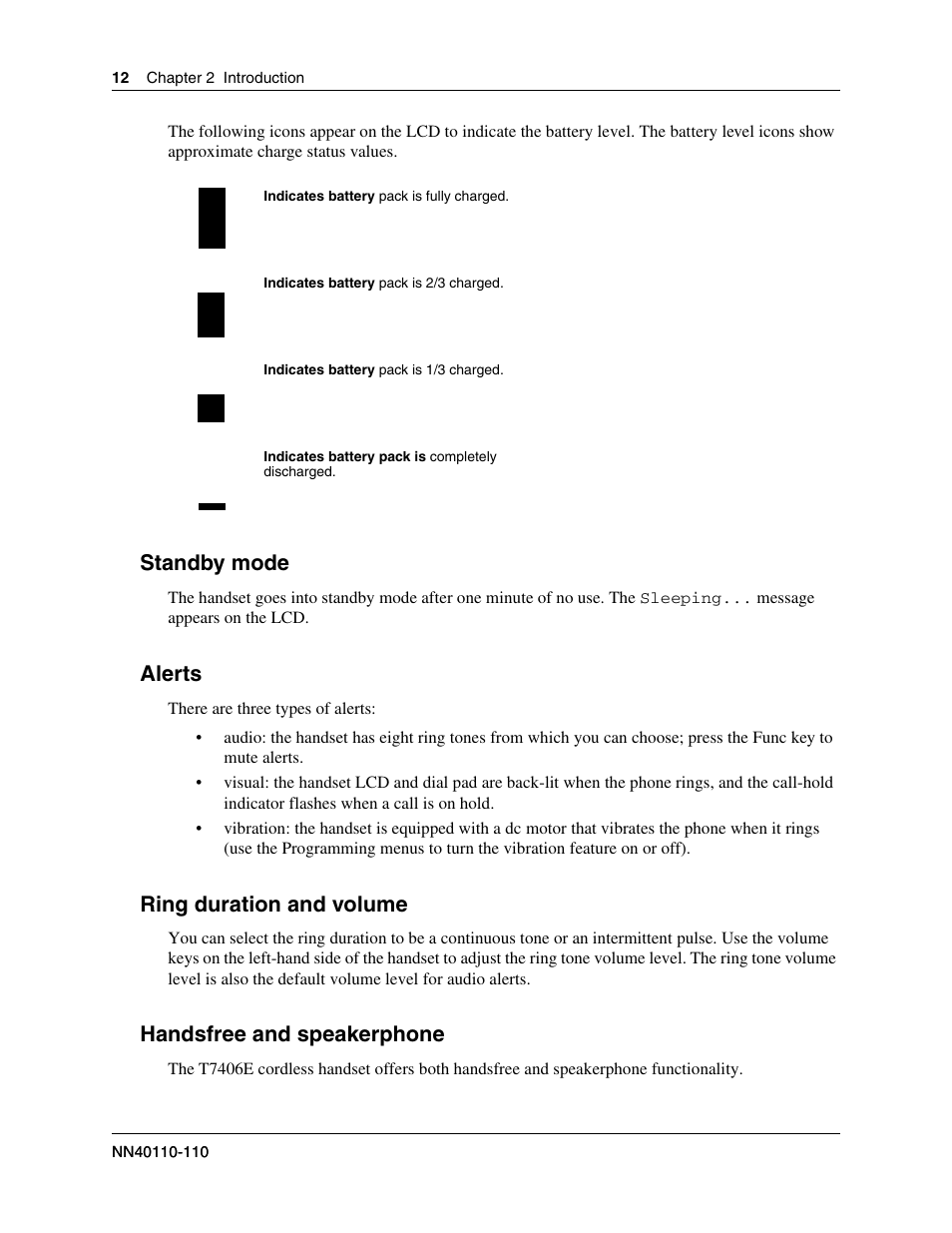 Standby mode, Alerts, Ring duration and volume | Handsfree and speakerphone | Nortel Networks T7406E User Manual | Page 12 / 34