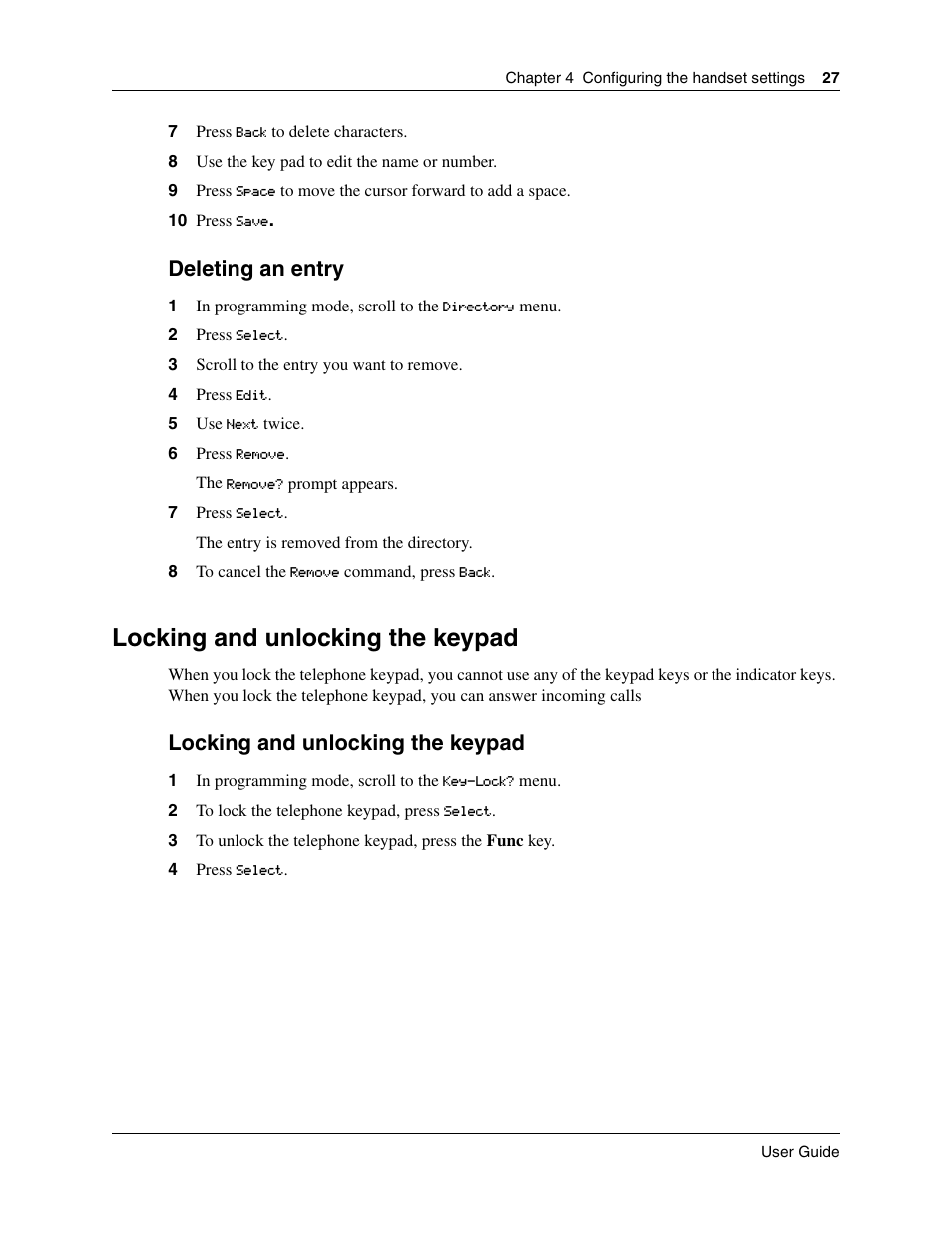 Locking and unlocking the keypad, Deleting an entry locking and unlocking the keypad, Deleting an entry | Nortel Networks T7406E User Manual | Page 27 / 34