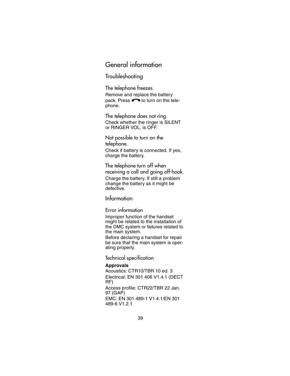 General information, Troubleshooting, The telephone freezes | The telephone does not ring, Not possible to turn on the telephone, Information, Error information, Technical specification | Nortel Networks 4146Ex User Manual | Page 39 / 63