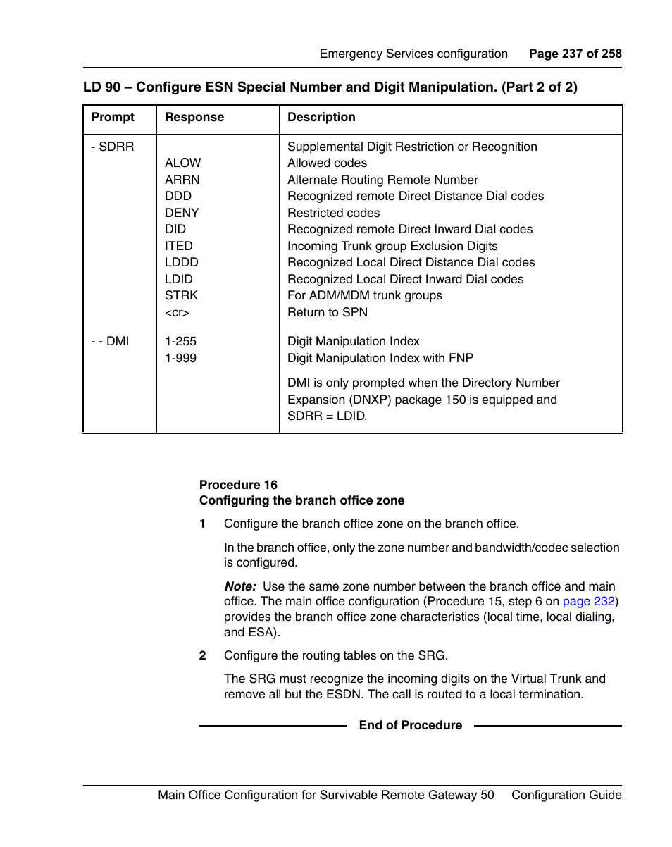 Procedure 16 configuring the branch office zone | Nortel Networks Remote Gateway 50 User Manual | Page 237 / 260