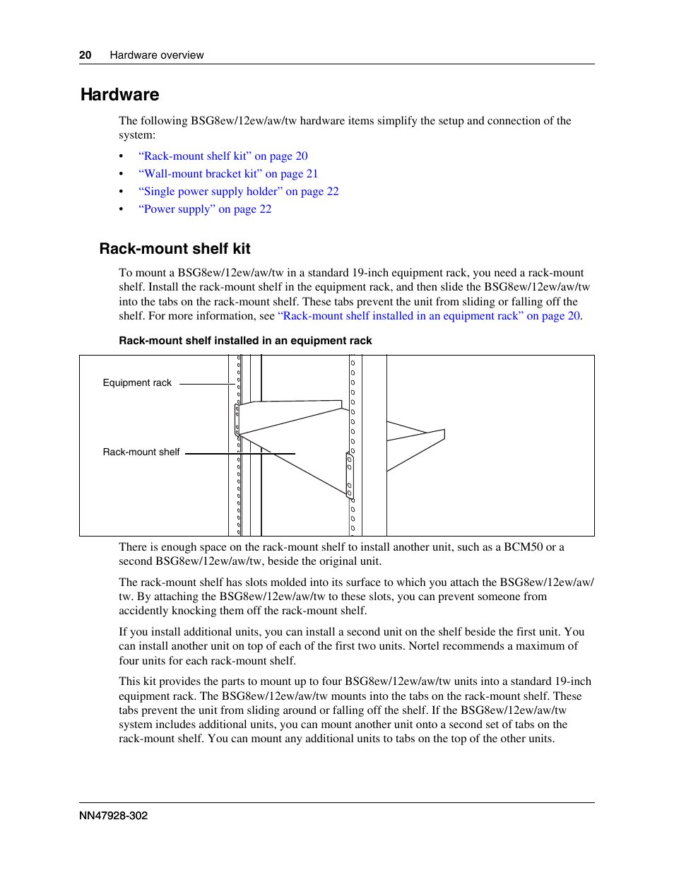 Hardware, Rack-mount shelf kit | Nortel Networks BSG12aw User Manual | Page 20 / 66