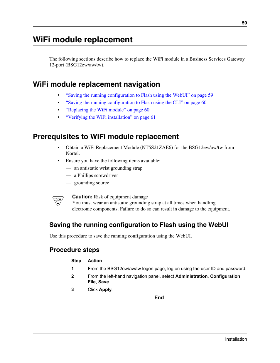 Wifi module replacement, Wifi module replacement navigation, Prerequisites to wifi module replacement | Procedure steps | Nortel Networks BSG12aw User Manual | Page 59 / 66