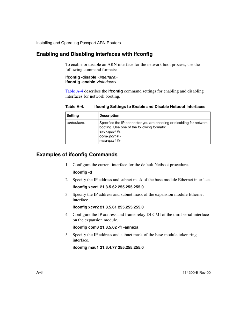 Enabling and disabling interfaces with ifconfig, Examples of ifconfig commands, Table a-4 | Nortel Networks Passport ARN Routers User Manual | Page 102 / 166