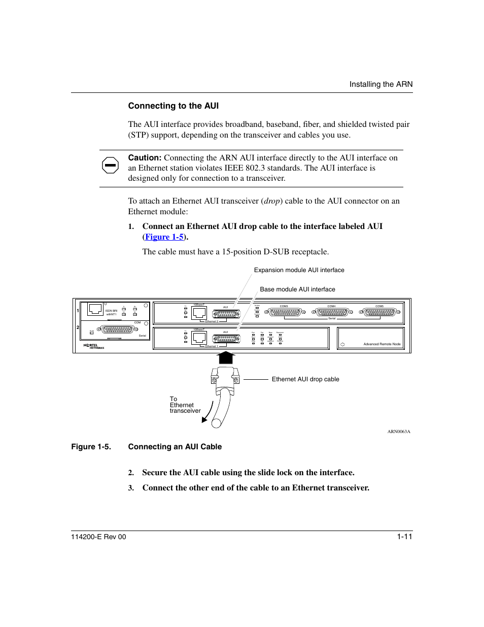 Connecting to the aui, Connecting to the aui -11, Figure 1-5 | Connecting an aui cable -11, Caution, Installing the arn, Figure 1-5. connecting an aui cable 2 | Nortel Networks Passport ARN Routers User Manual | Page 35 / 166