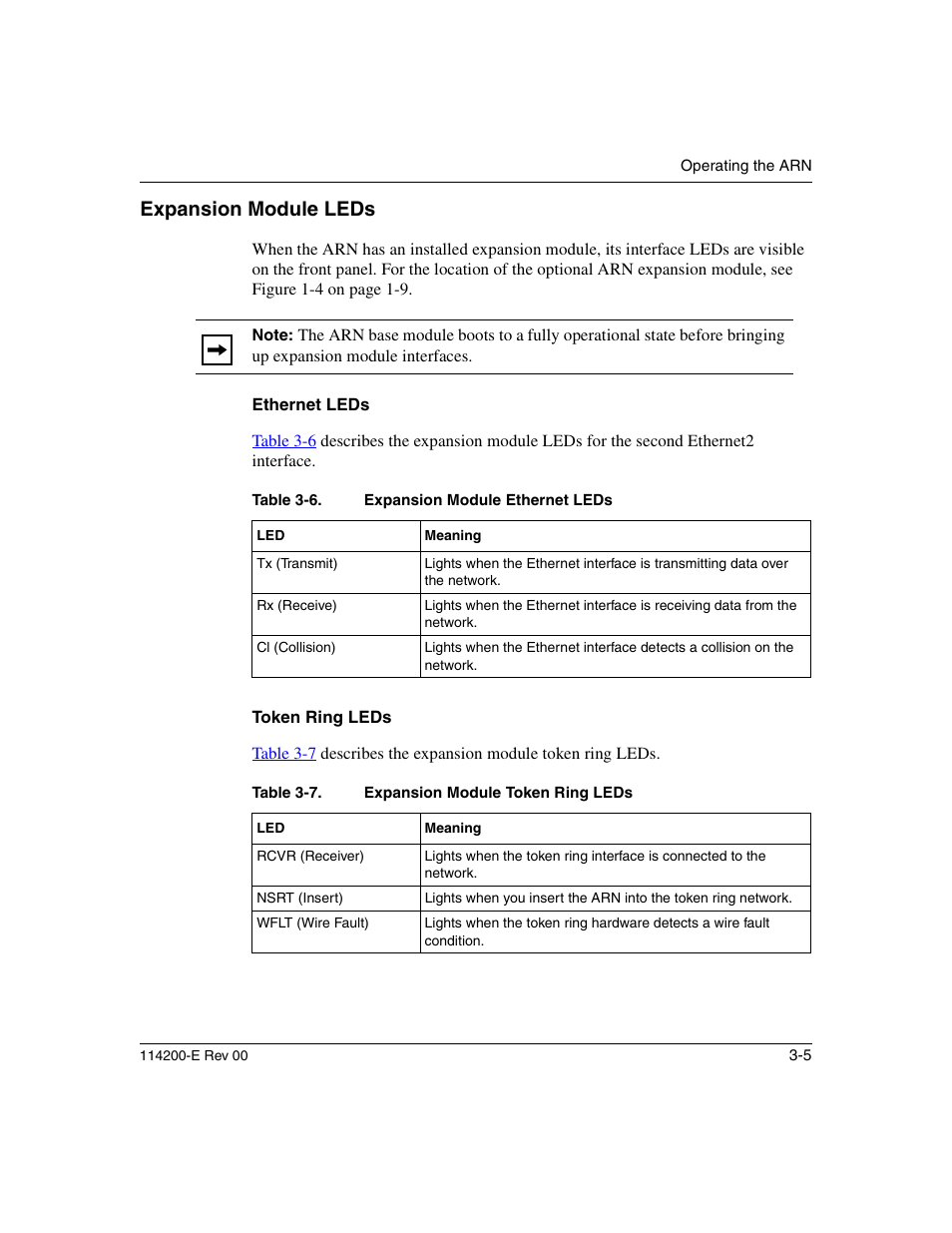 Expansion module leds, Ethernet leds, Token ring leds | Expansion module leds -5, Ethernet leds -5, Token ring leds -5, Table 3-6, Expansion module ethernet leds -5, Table 3-7, Expansion module token ring leds -5 | Nortel Networks Passport ARN Routers User Manual | Page 77 / 166