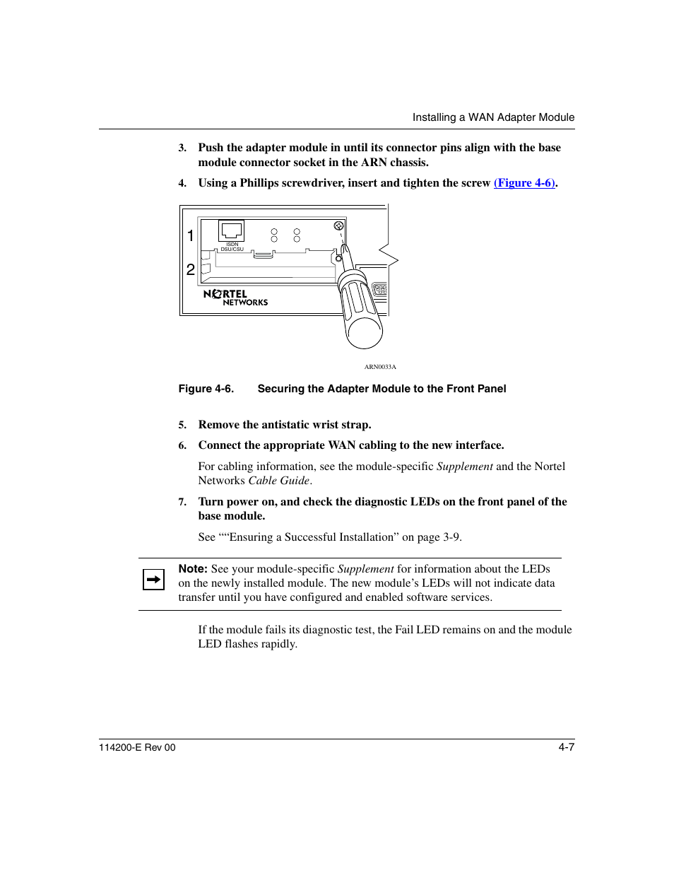 Figure 4-6, Securing the adapter module to the front panel -7 | Nortel Networks Passport ARN Routers User Manual | Page 95 / 166